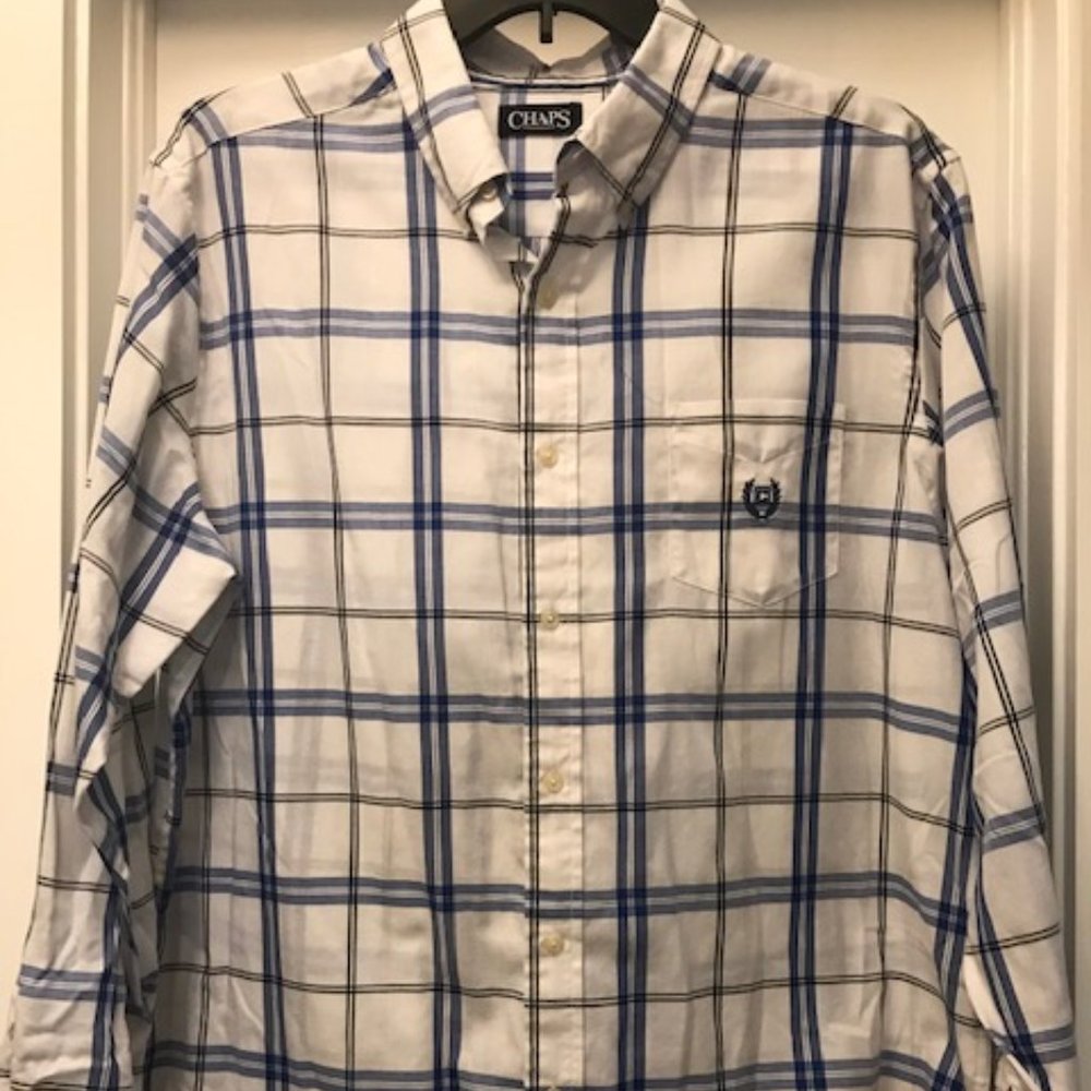 Blue, black and white checked button down shirt